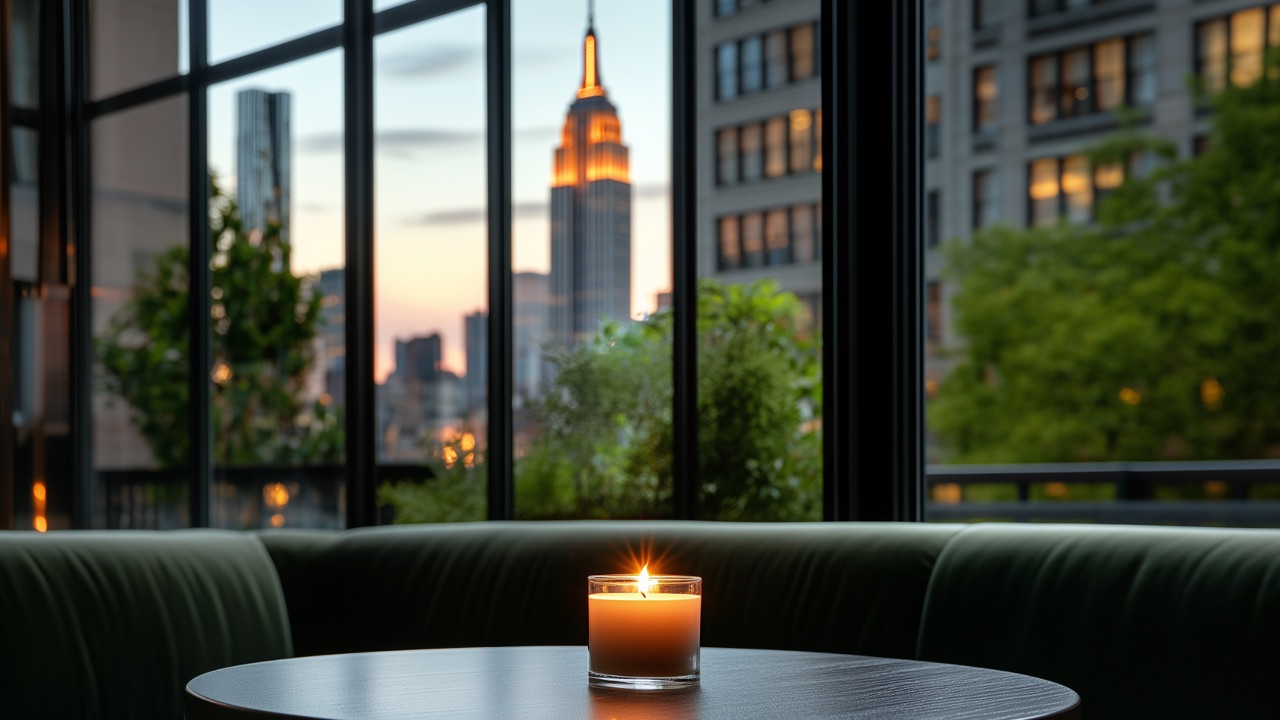 Two armchairs facing tall windows overlooking the Empire State Building at dusk, a lit candle on the table between them